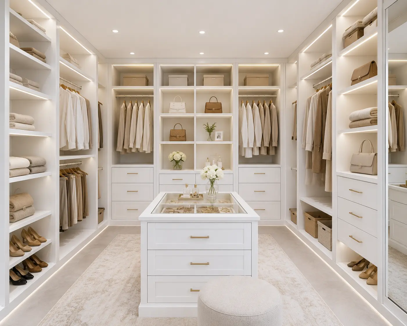 White Walk-In Wardrobe with Open Shelving